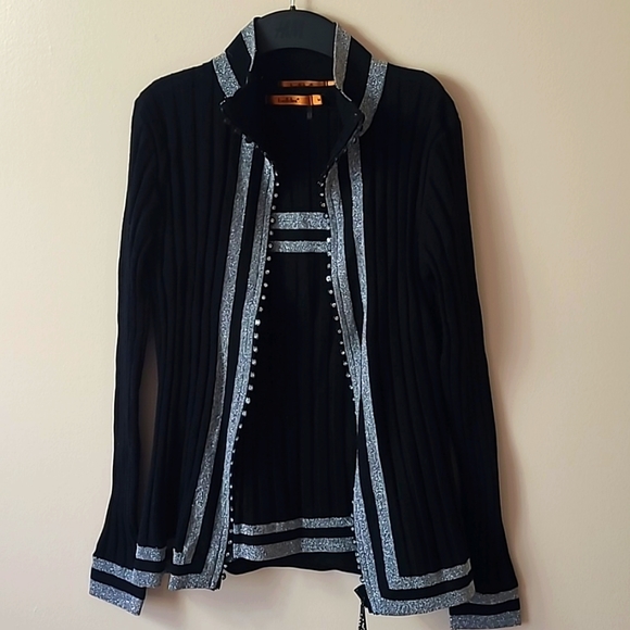 BELLDINI black sweater set with silver lurex border Size M - Picture 1 of 9